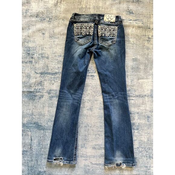 Miss Me Beaded Embroidered Rhinestone Mid Rise Boot Cut Jeans 30" - Picture 2 of 6